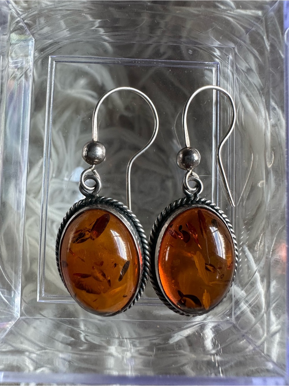 Vintage Sterling Silver Amber Earrings - Cognac Amber